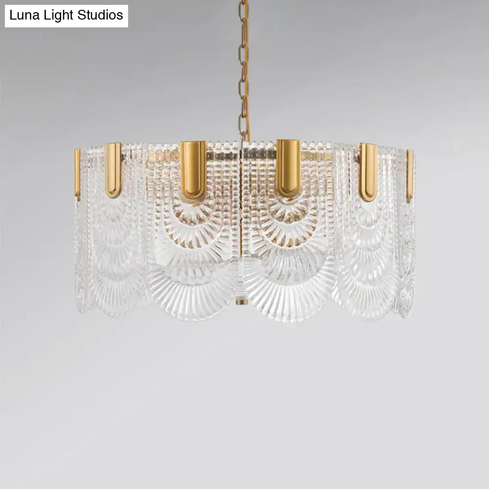 Scalloped clear textured glass drop chandelier – dining room brass light
