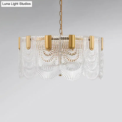 Scalloped clear textured glass drop chandelier – dining room brass light