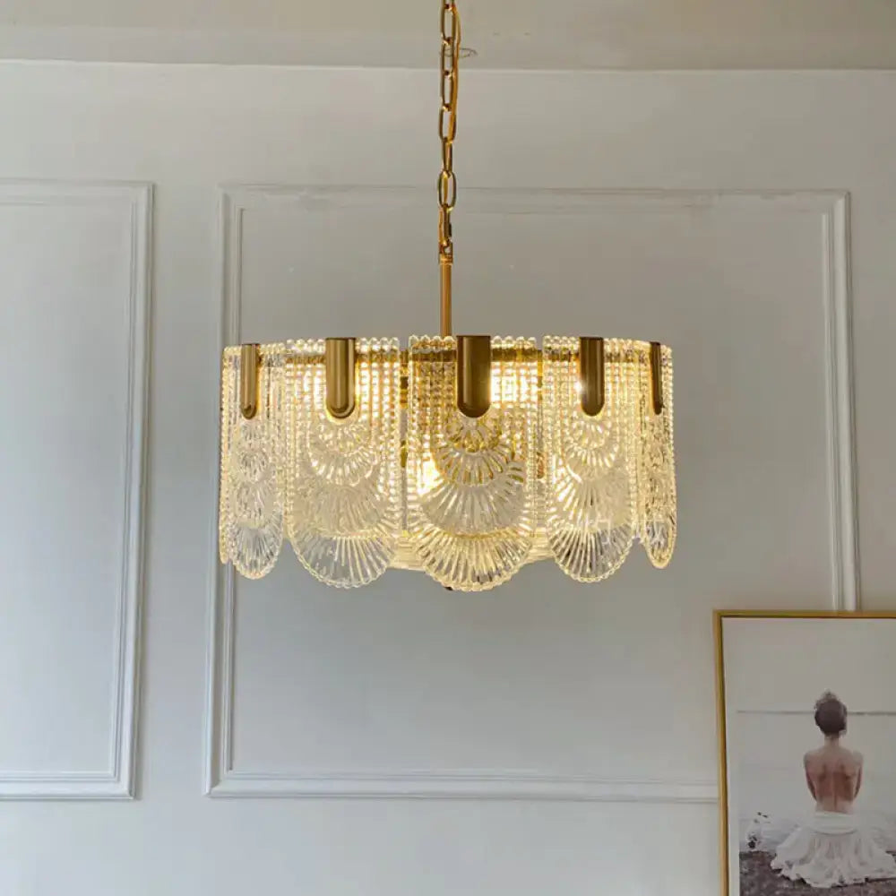 Scalloped clear textured glass drop chandelier – dining room brass light