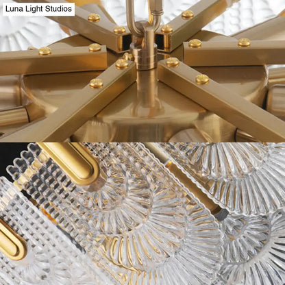 Scalloped clear textured glass drop chandelier – dining room brass light