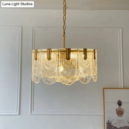 Scalloped clear textured glass drop chandelier – dining room brass light
