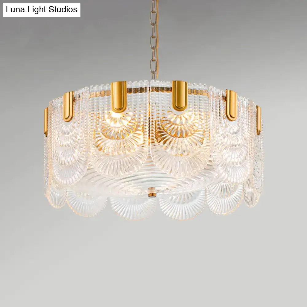 Scalloped clear textured glass drop chandelier – dining room brass light