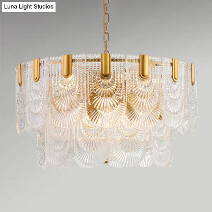 Scalloped clear textured glass drop chandelier – dining room brass light