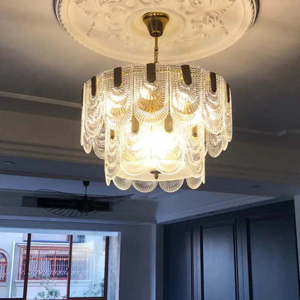 Scalloped clear textured glass drop chandelier – dining room brass light