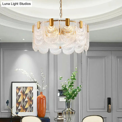 Scalloped clear textured glass drop chandelier – dining room brass light