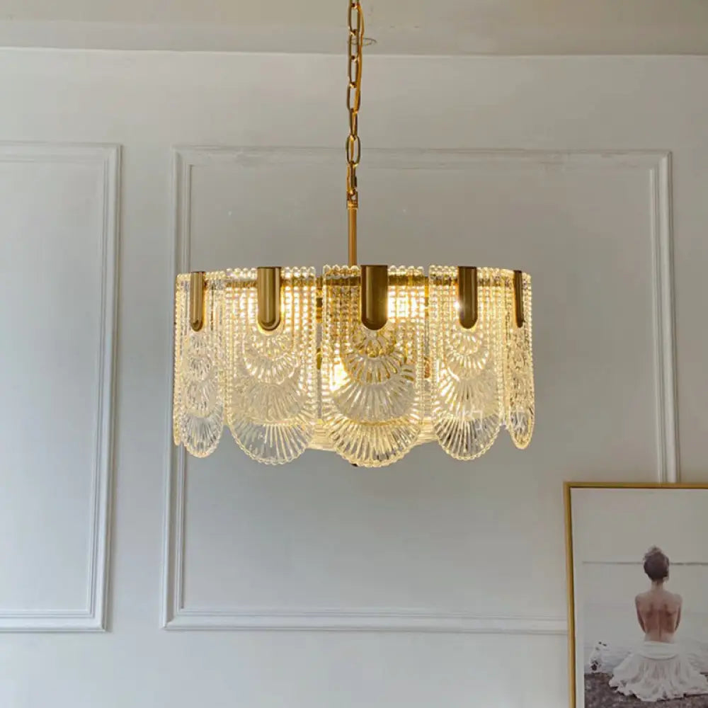 DecorBites™ Scalloped Clear Textured Glass Drop Lamp Classic Dining Room Chandelier Light Fixture in Brass