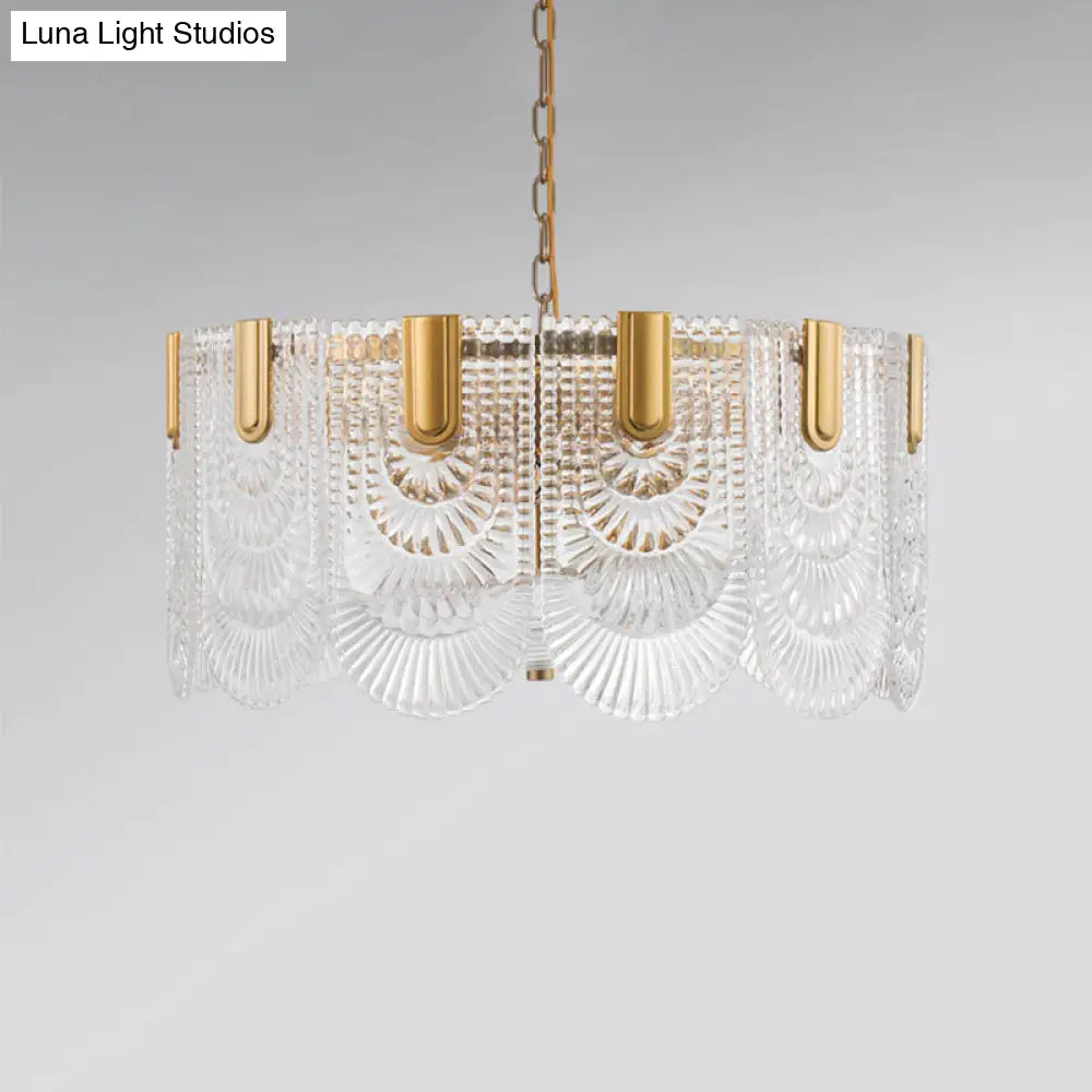 DecorBites™ Scalloped Clear Textured Glass Drop Lamp Classic Dining Room Chandelier Light Fixture in Brass