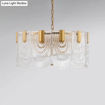 DecorBites™ Scalloped Clear Textured Glass Drop Lamp Classic Dining Room Chandelier Light Fixture in Brass