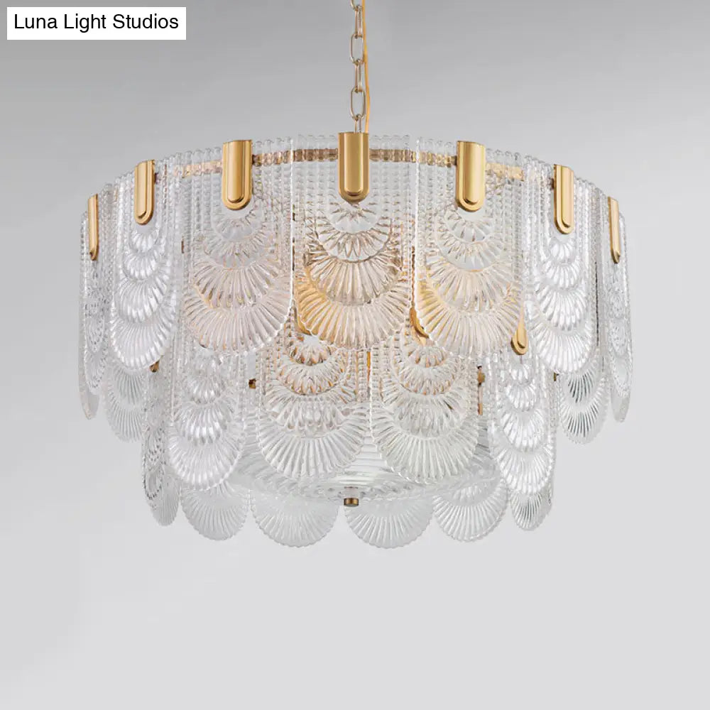 DecorBites™ Scalloped Clear Textured Glass Drop Lamp Classic Dining Room Chandelier Light Fixture in Brass