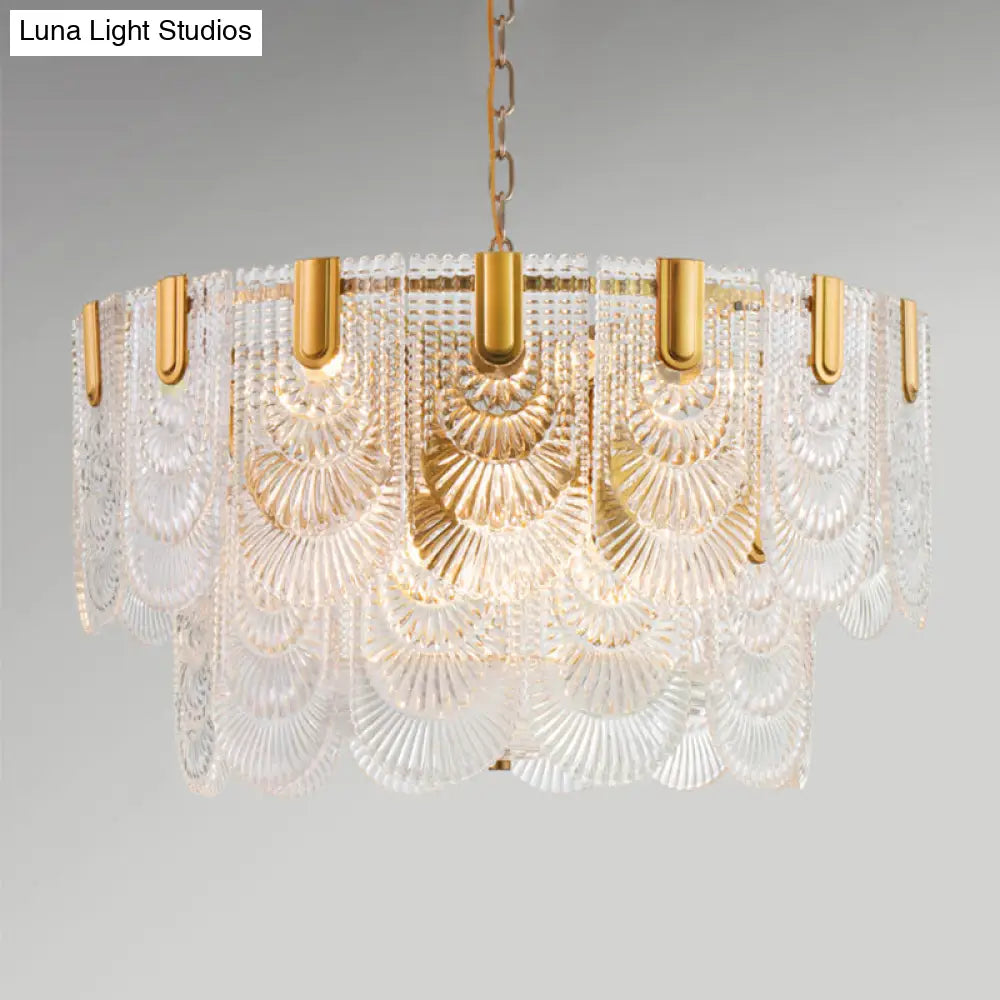 DecorBites™ Scalloped Clear Textured Glass Drop Lamp Classic Dining Room Chandelier Light Fixture in Brass