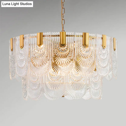 DecorBites™ Scalloped Clear Textured Glass Drop Lamp Classic Dining Room Chandelier Light Fixture in Brass