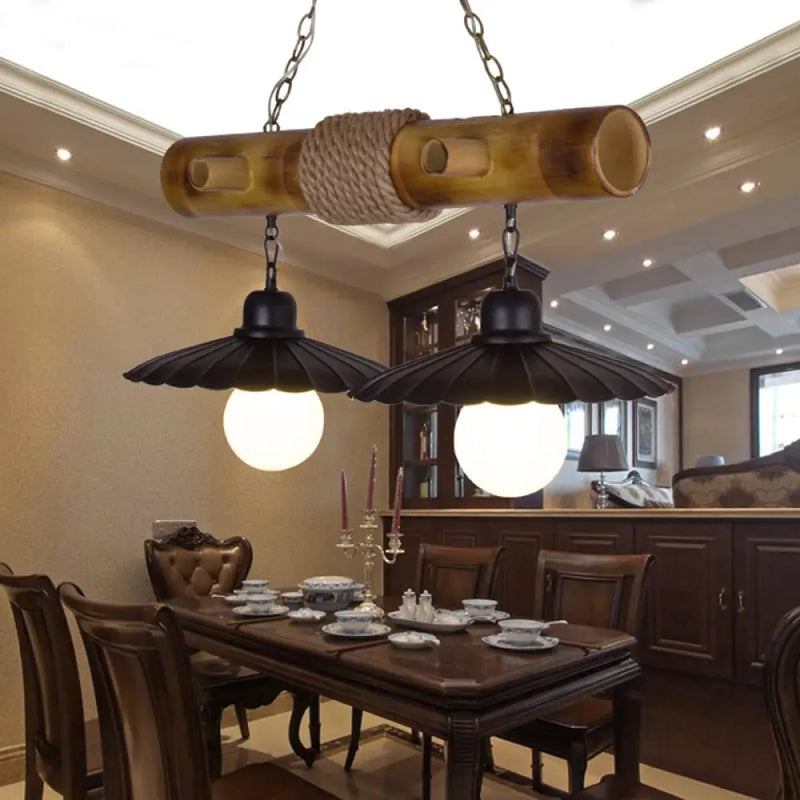 DecorBites™ Scalloped Hanging Lamp: 2 Heads, Countryside Black Rope and Bamboo Island Lighting for Dining Room