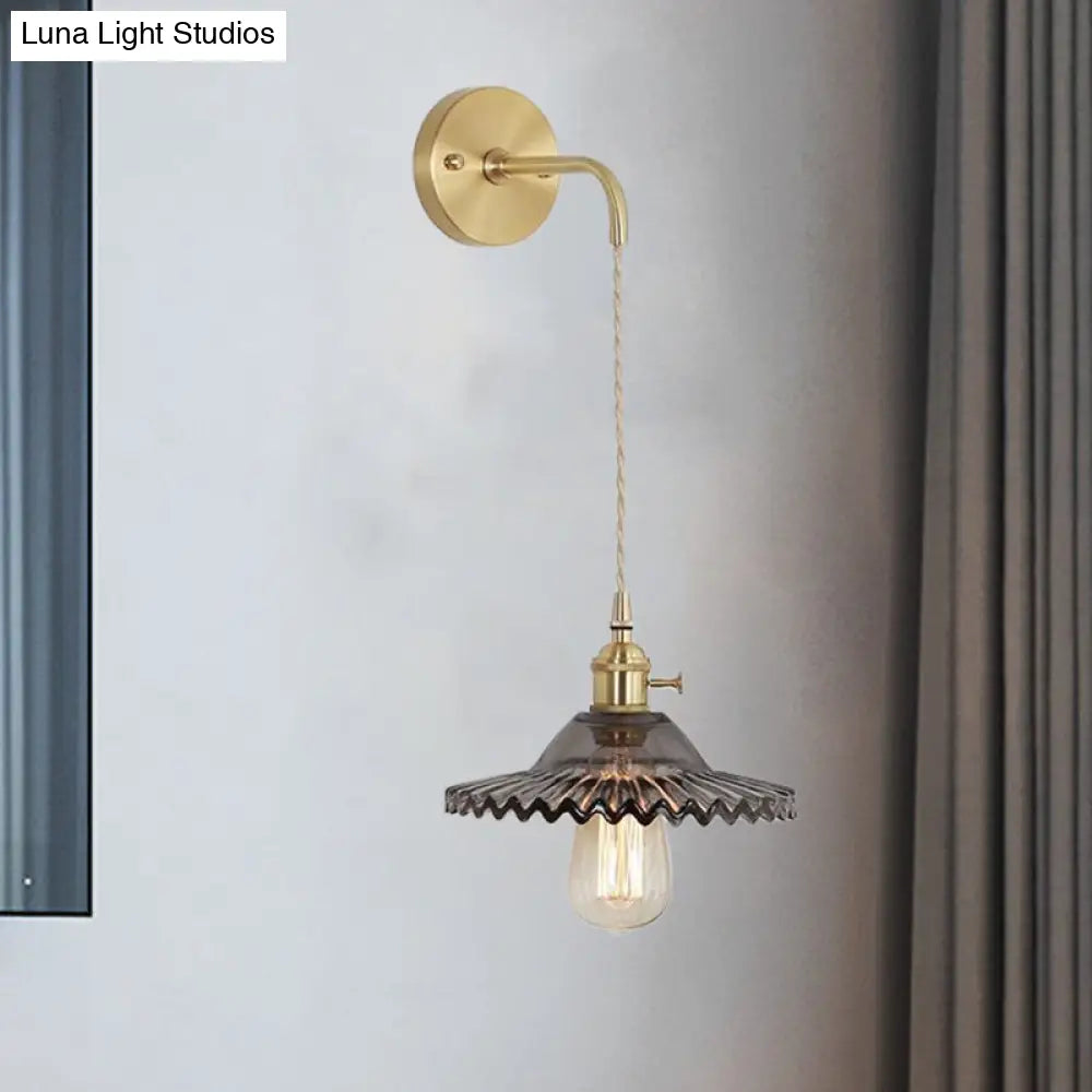 DecorBites™ Scalloped Smoked Glass Brass Sconce Light: Industrial 1-Light Wall Lamp for Bedroom