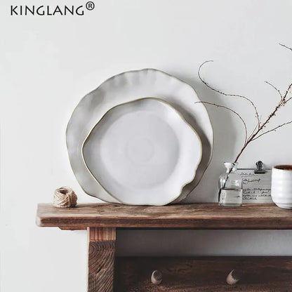 Scalloped white ceramic dinner plate set dining room tableware