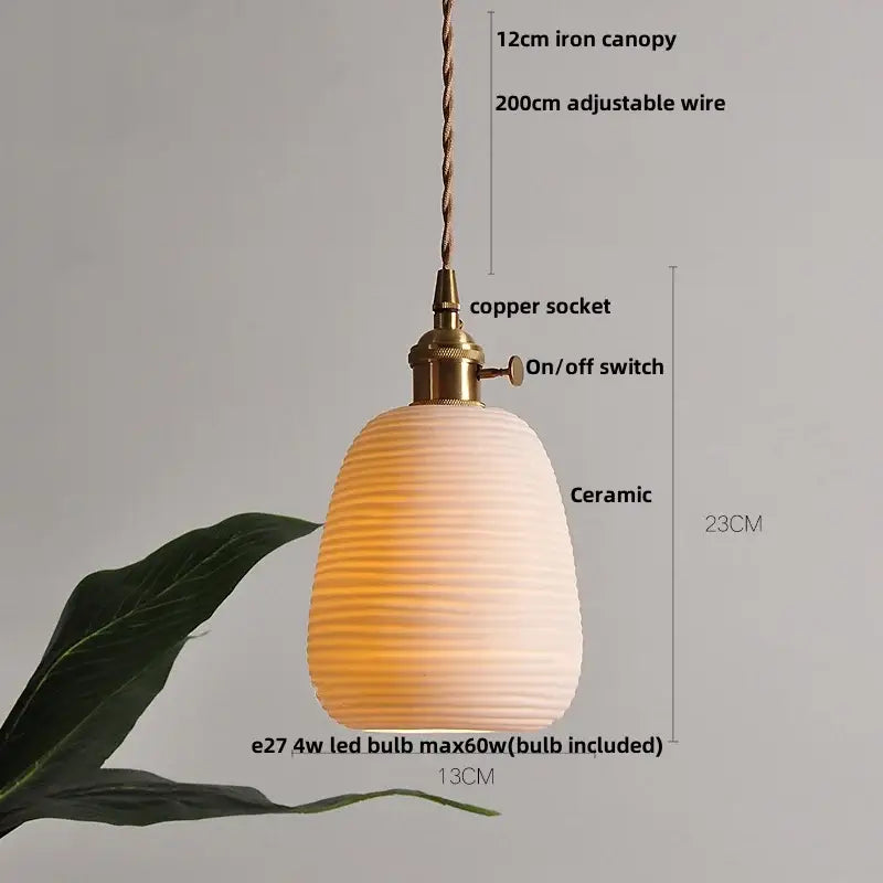 Scalloped white ceramic led pendant lamp dining room brass socket