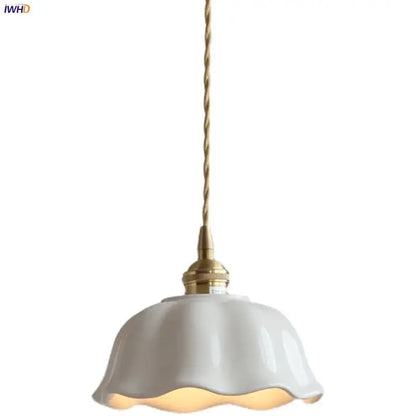 Scalloped white ceramic led pendant lamp dining room brass socket