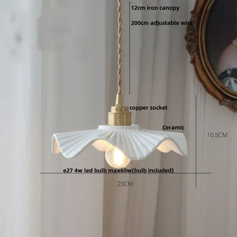 Scalloped white ceramic led pendant lamp dining room brass socket