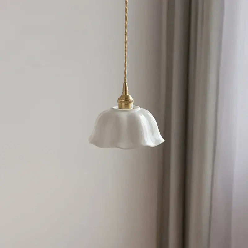 Scalloped white ceramic led pendant lamp dining room brass socket