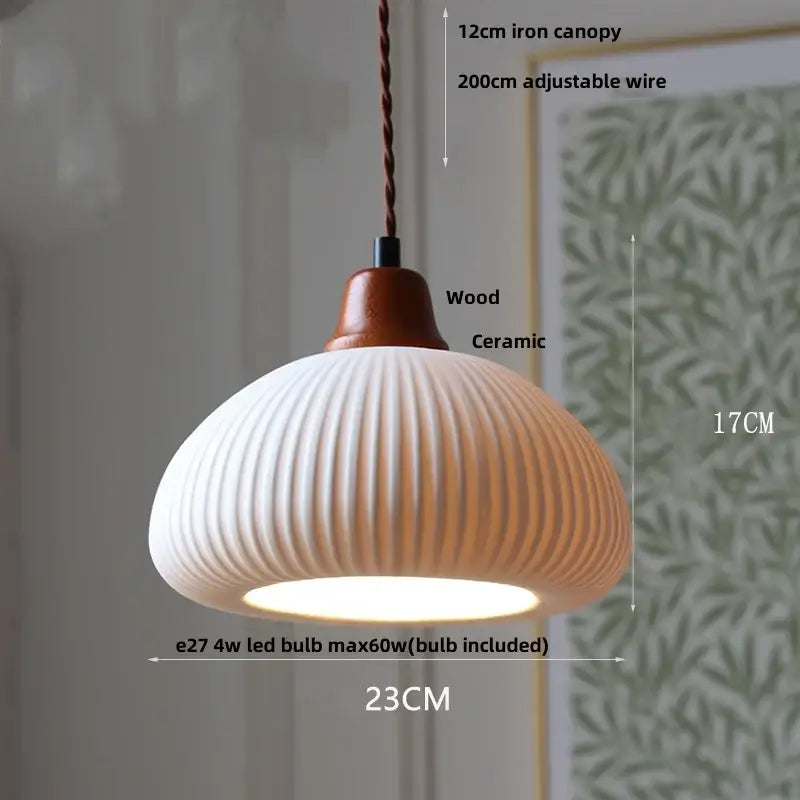 Scalloped white ceramic led pendant lamp dining room brass socket