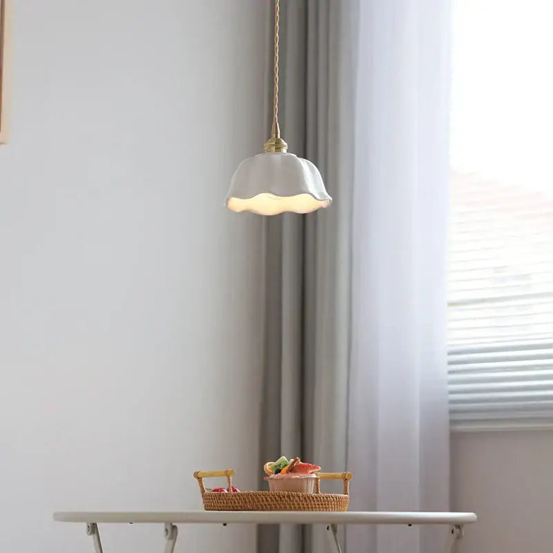 Scalloped white ceramic led pendant lamp dining room brass socket