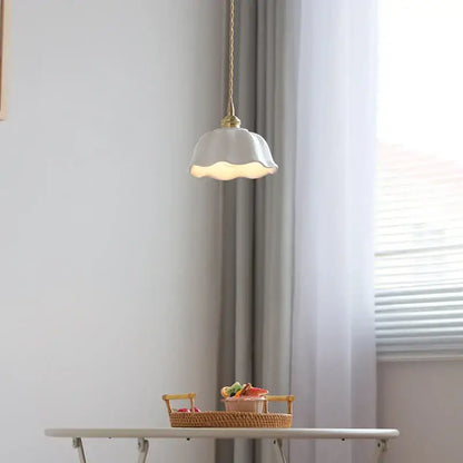 Scalloped white ceramic led pendant lamp dining room brass socket