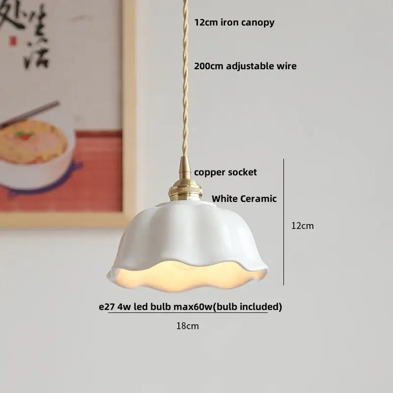Scalloped white ceramic led pendant lamp dining room brass socket