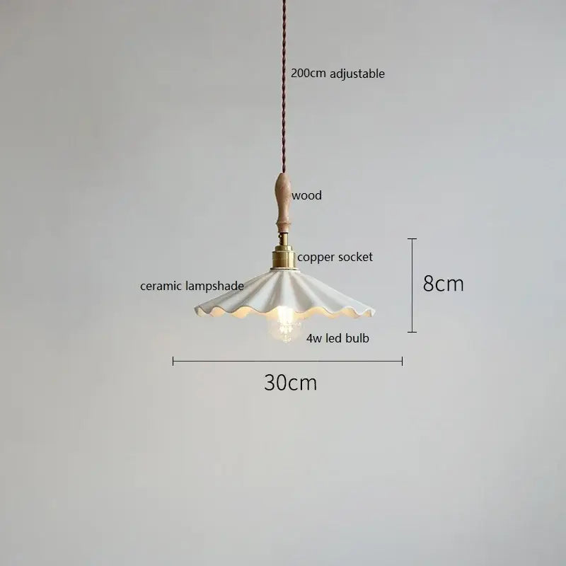 Scalloped white ceramic led pendant light bedroom wood and copper