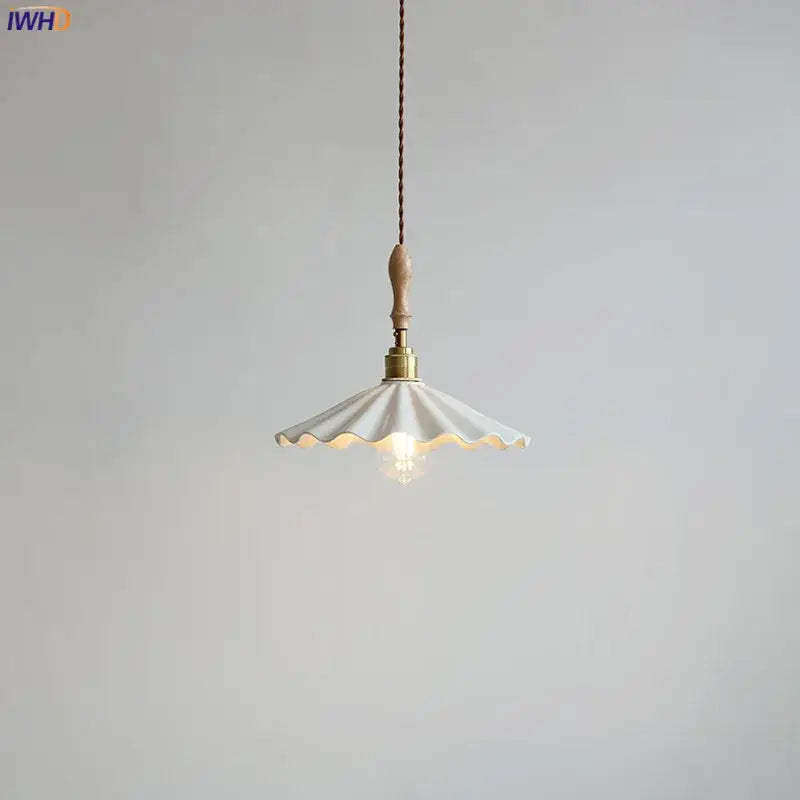 Scalloped white ceramic led pendant light bedroom wood and copper