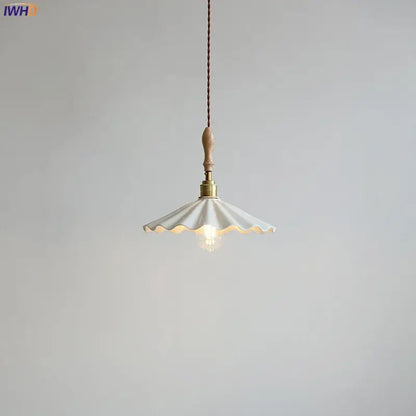Scalloped white ceramic led pendant light bedroom wood and copper