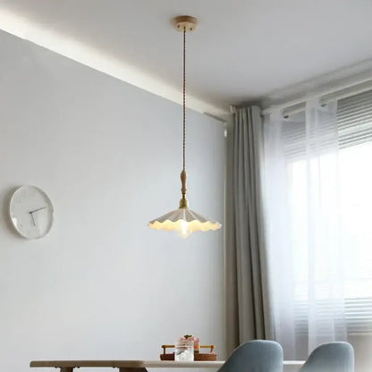 Scalloped white ceramic led pendant light bedroom wood and copper