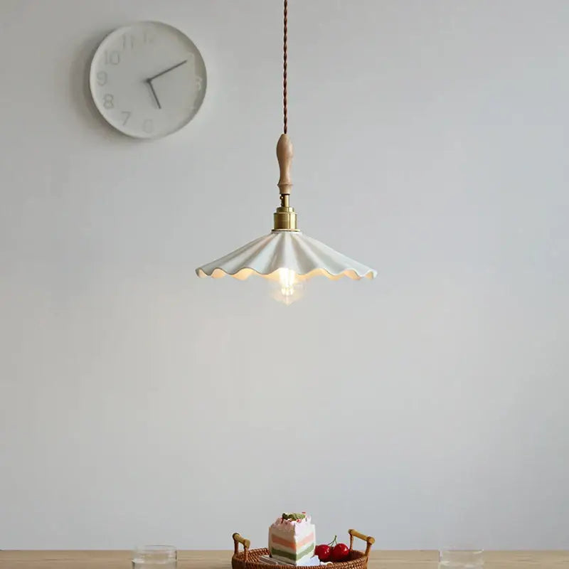 Scalloped white ceramic led pendant light bedroom wood and copper