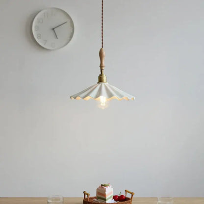 Scalloped white ceramic led pendant light bedroom wood and copper