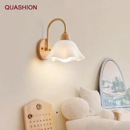 Scandinavian brass and cream led wooden wall lamp bedroom light