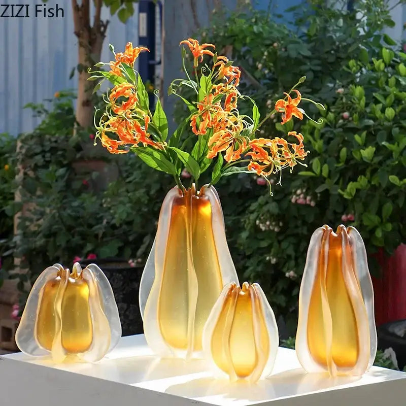 Sculpted amber carambola glass vase living room floral decor