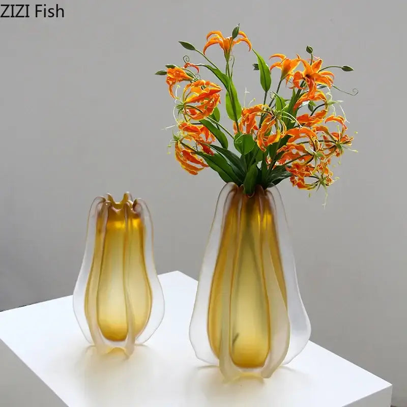 Sculpted amber carambola glass vase living room floral decor