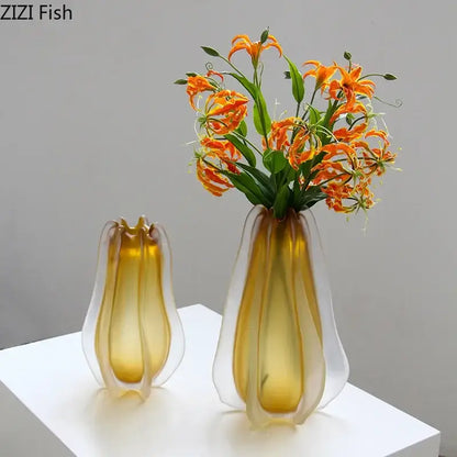 Sculpted amber carambola glass vase living room floral decor