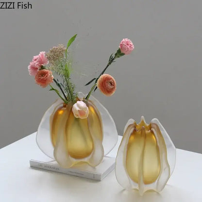 Sculpted amber carambola glass vase living room floral decor