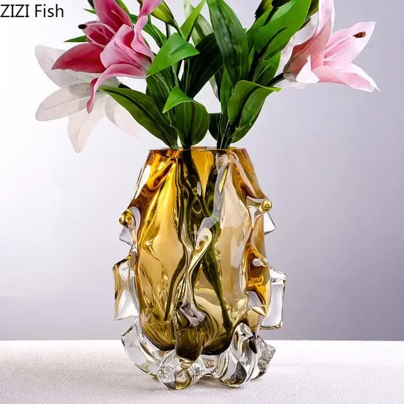 Sculpted amber glass vase living room floral decor