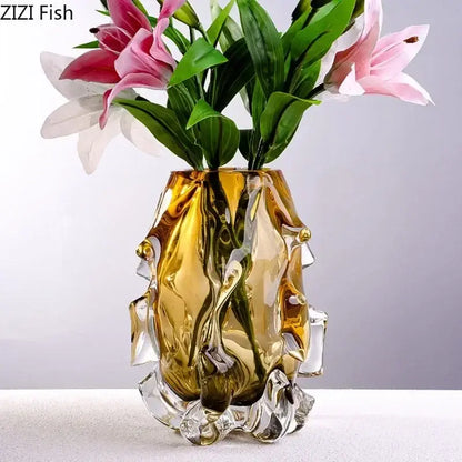 Sculpted amber glass vase living room floral decor