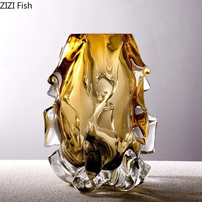 Sculpted amber glass vase living room floral decor