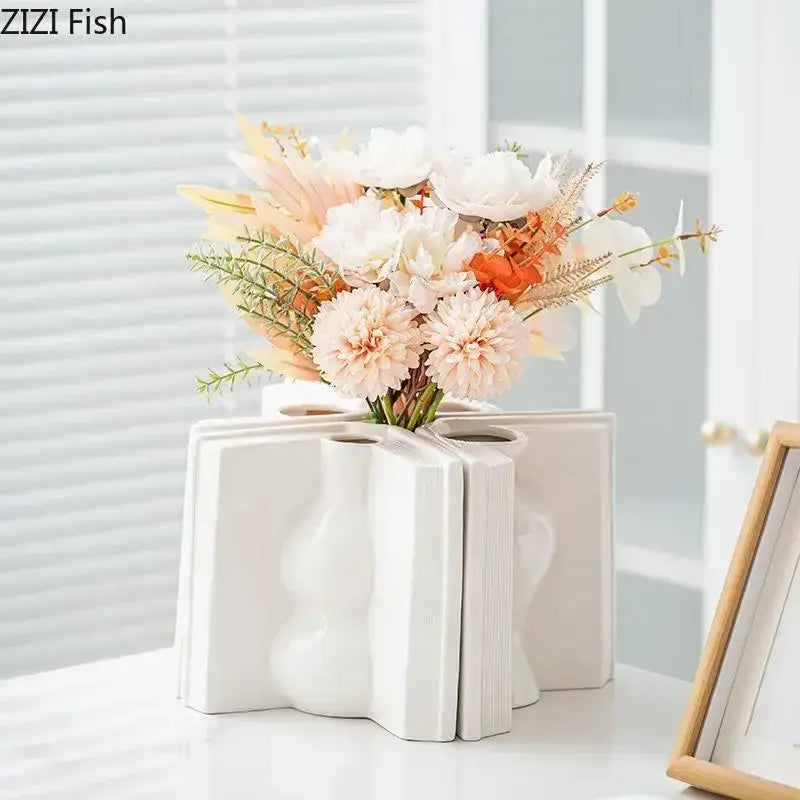 Sculpted book design white ceramic creative flowers desk decoration bedroom