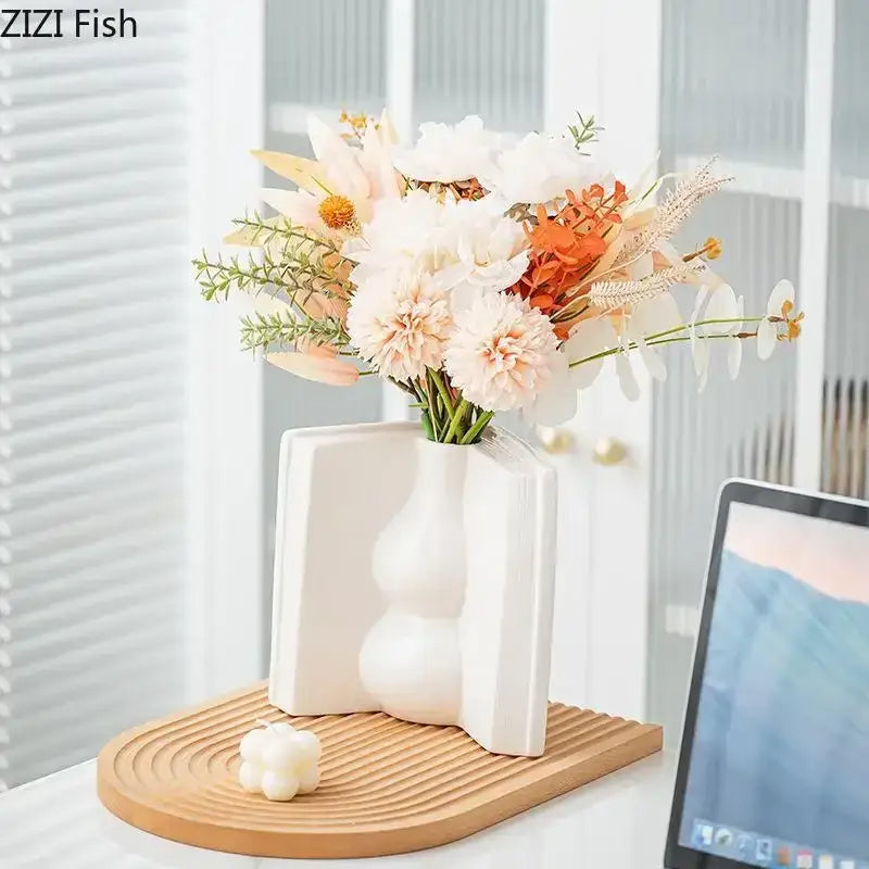 Sculpted book design white ceramic creative flowers desk decoration bedroom