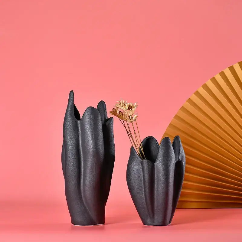 Sculpted petal black texture ceramic vase living room decor