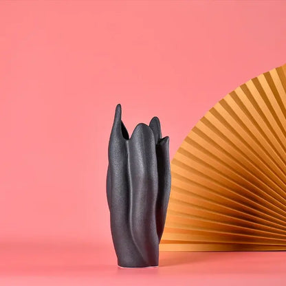 Sculpted petal black texture ceramic vase living room decor