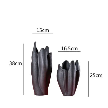 Sculpted petal black texture ceramic vase living room decor