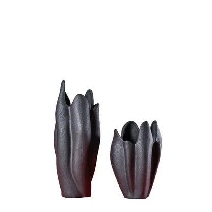 Sculpted petal black texture ceramic vase living room decor
