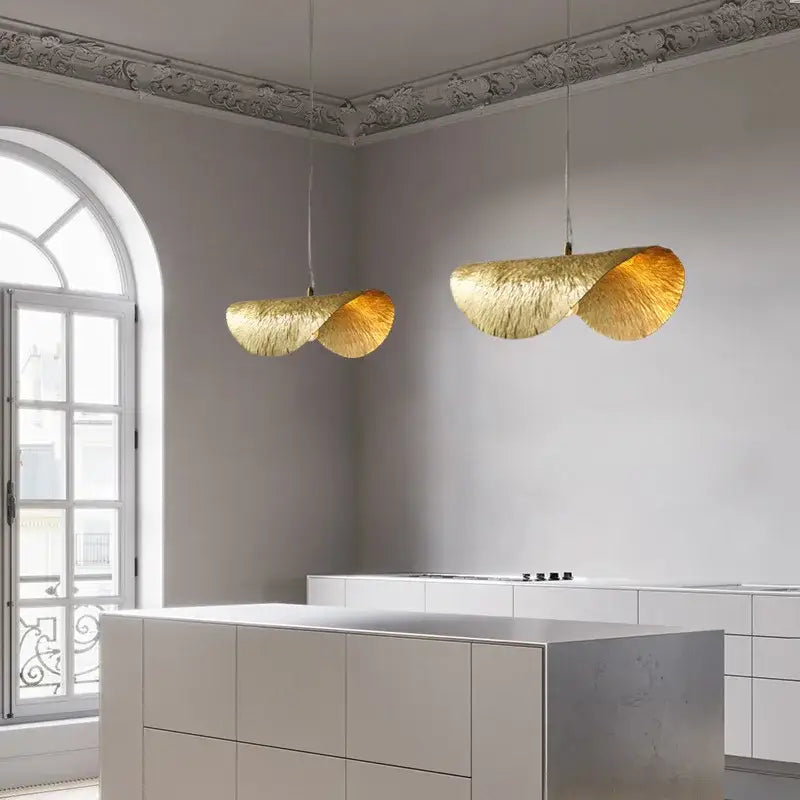 Sculptural brass lotus leaf chandelier for dining room