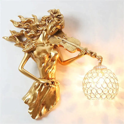 Sculptural gold violinist crystal wall lamp living room sconce