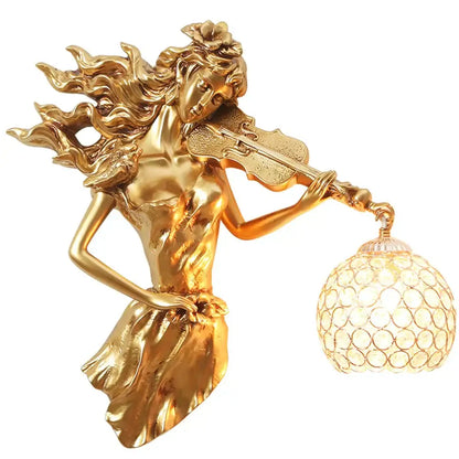 Sculptural gold violinist crystal wall lamp living room sconce