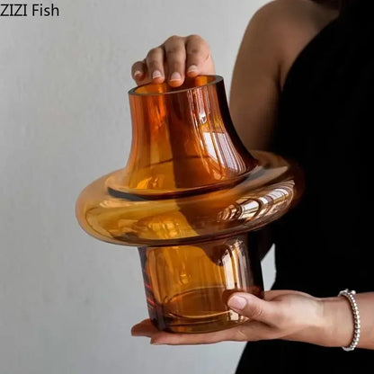 Sculptural tiered amber glass vase living room decor